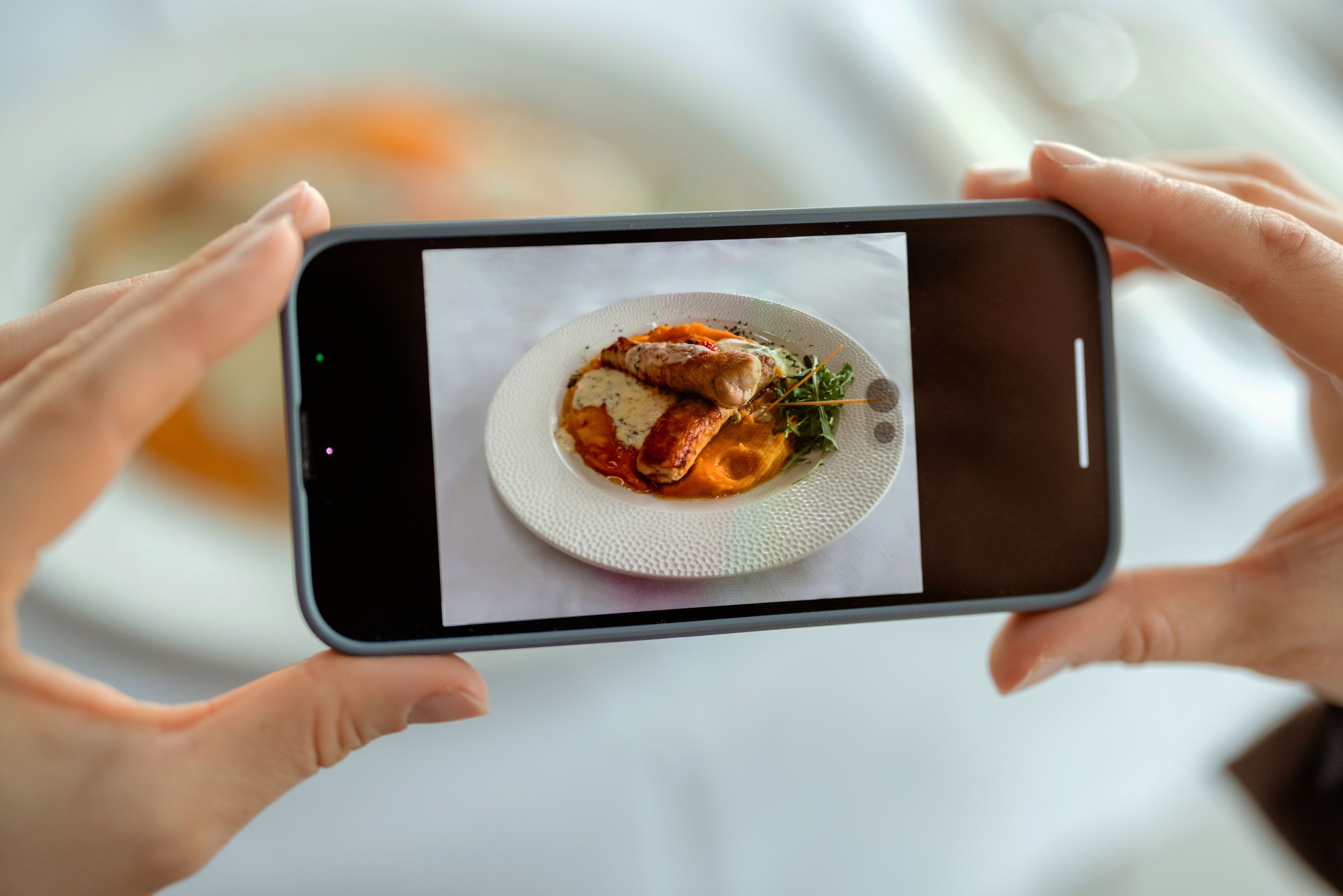 Food Photography in Action – Person Capturing a Gourmet Dish on Smartphone
