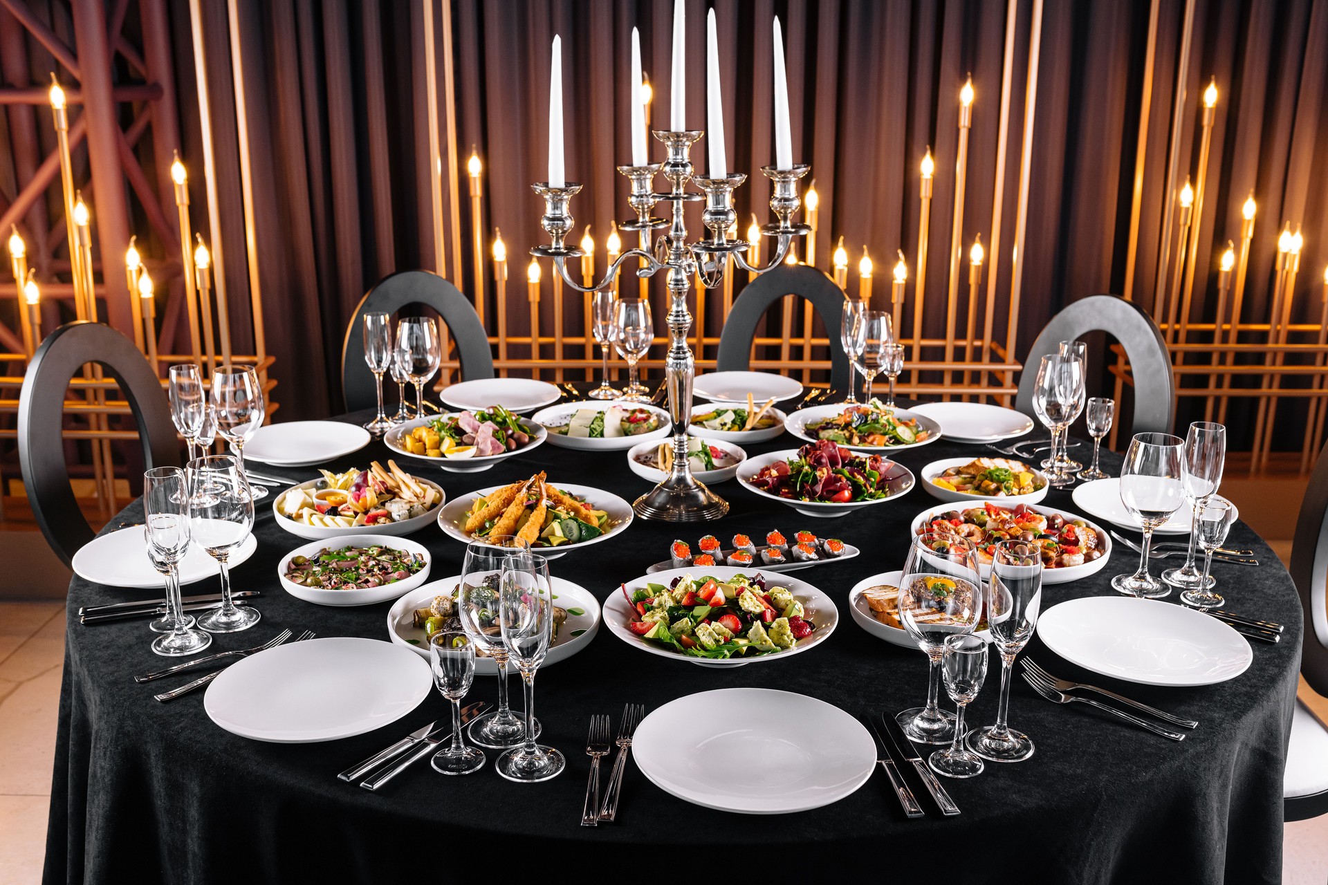 Elegant dining table set for gourmet banquet