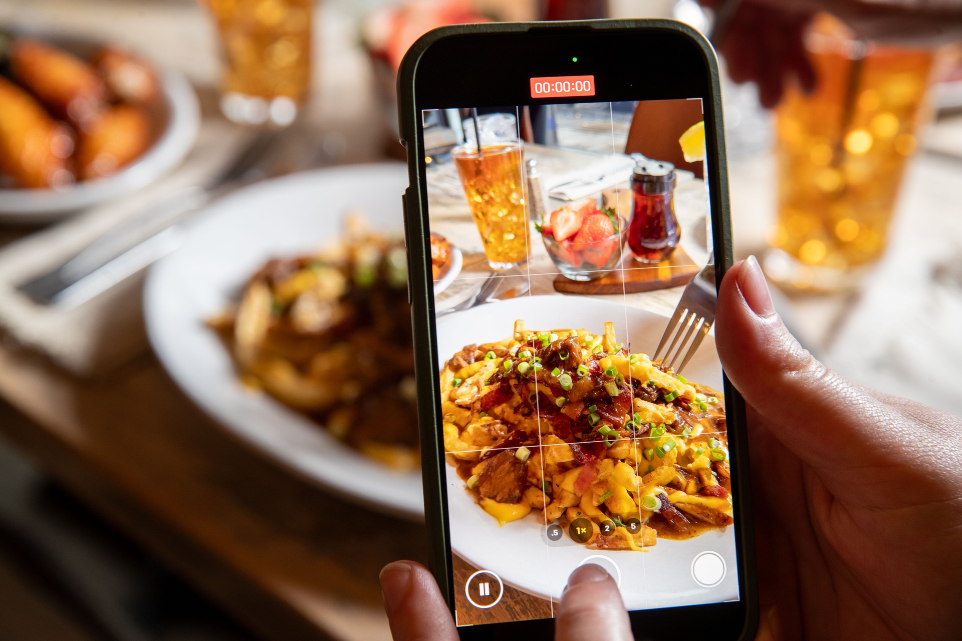 Breakfast at an upscale restaurant captured by a phone camera